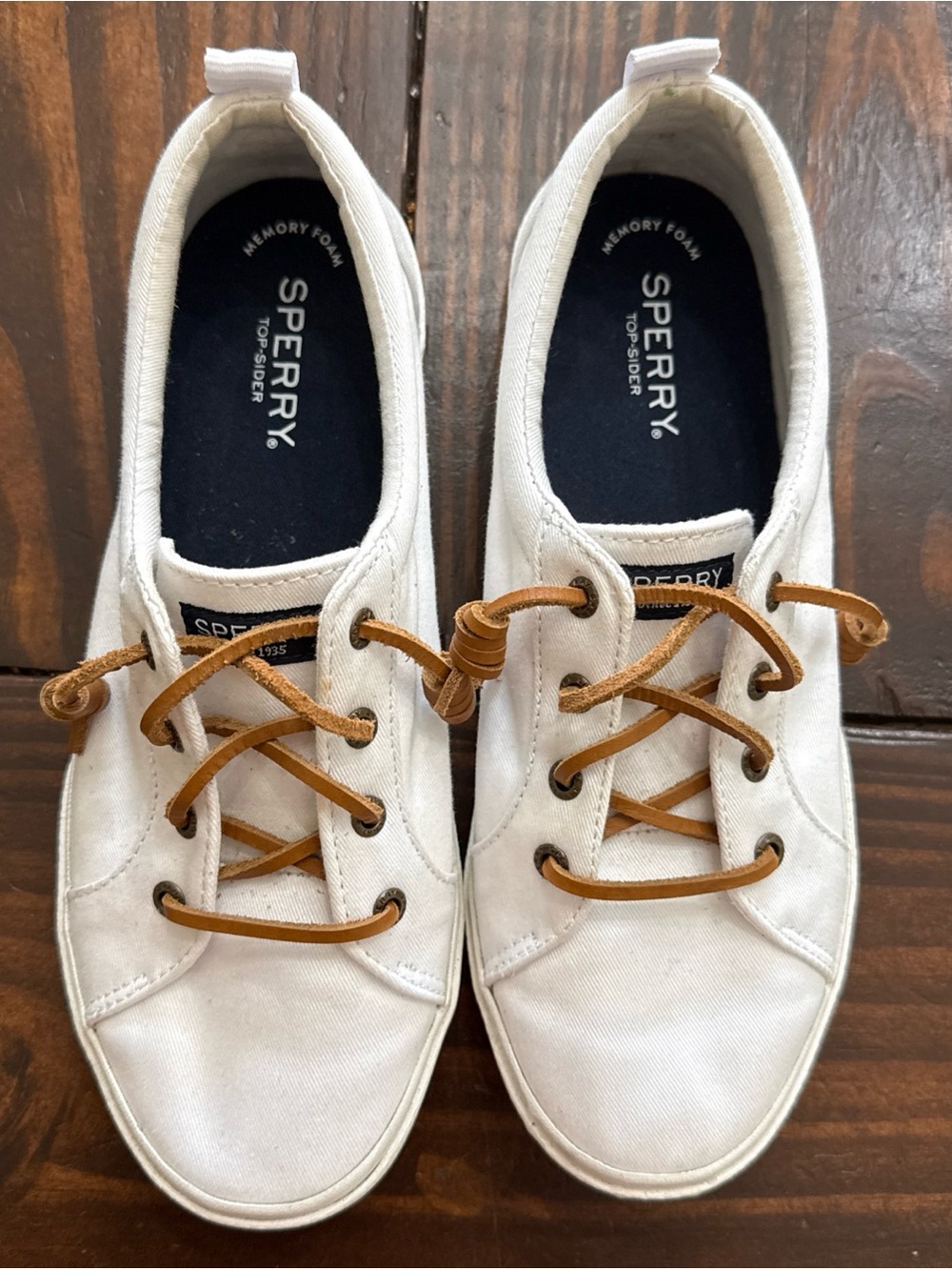 Sperry White Canvas Sneakers with Tan Leather Laces